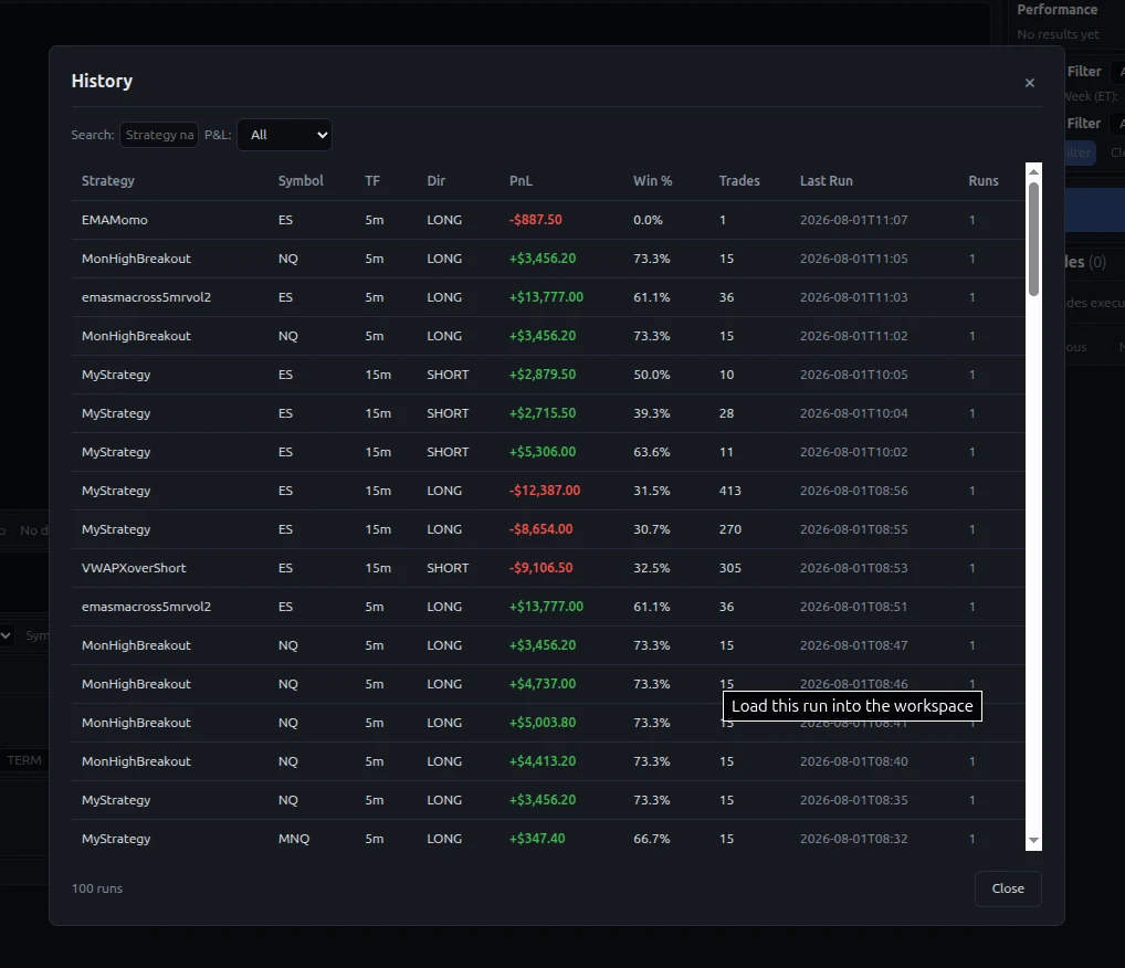 Lexicon History panel — 100 runs listed with strategy name, symbol, timeframe, direction, PnL, win rate and last run timestamp