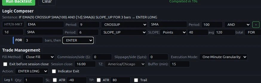 Filtered setup — two rows: EMA cross AND daily SMA sloping up FOR 3 bars