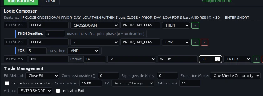 Lexicon sequence composer — THEN, FOR, WITHIN, AND connectors building a multi-stage setup with deadlines
