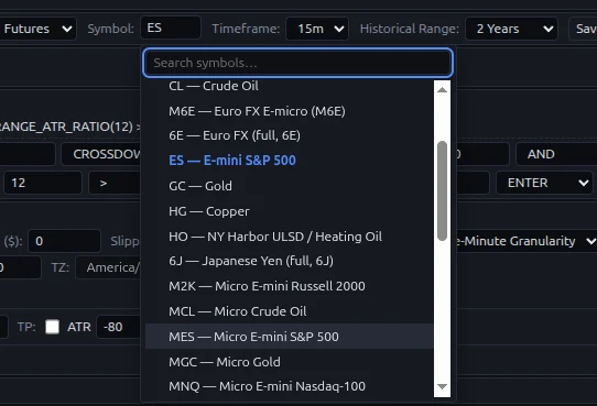 Lexicon symbol picker — full futures list including ES, NQ, CL, GC, 6E and more