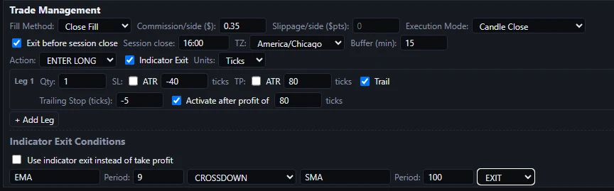 Lexicon Trade Management panel — fill method, session exit, trailing stop, indicator exit, and multi-leg position sizing